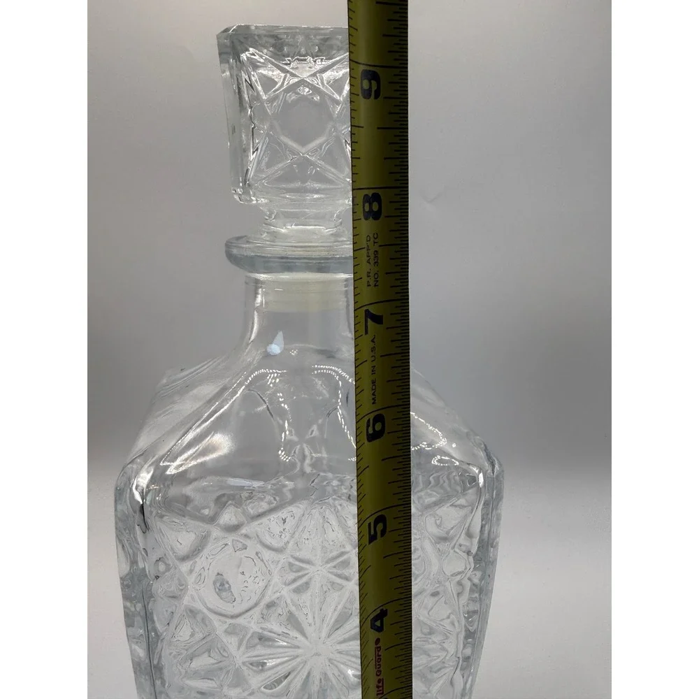 Vintage Clear Glass Square Liquor Decanter with Starburst Diamond Cut Pattern